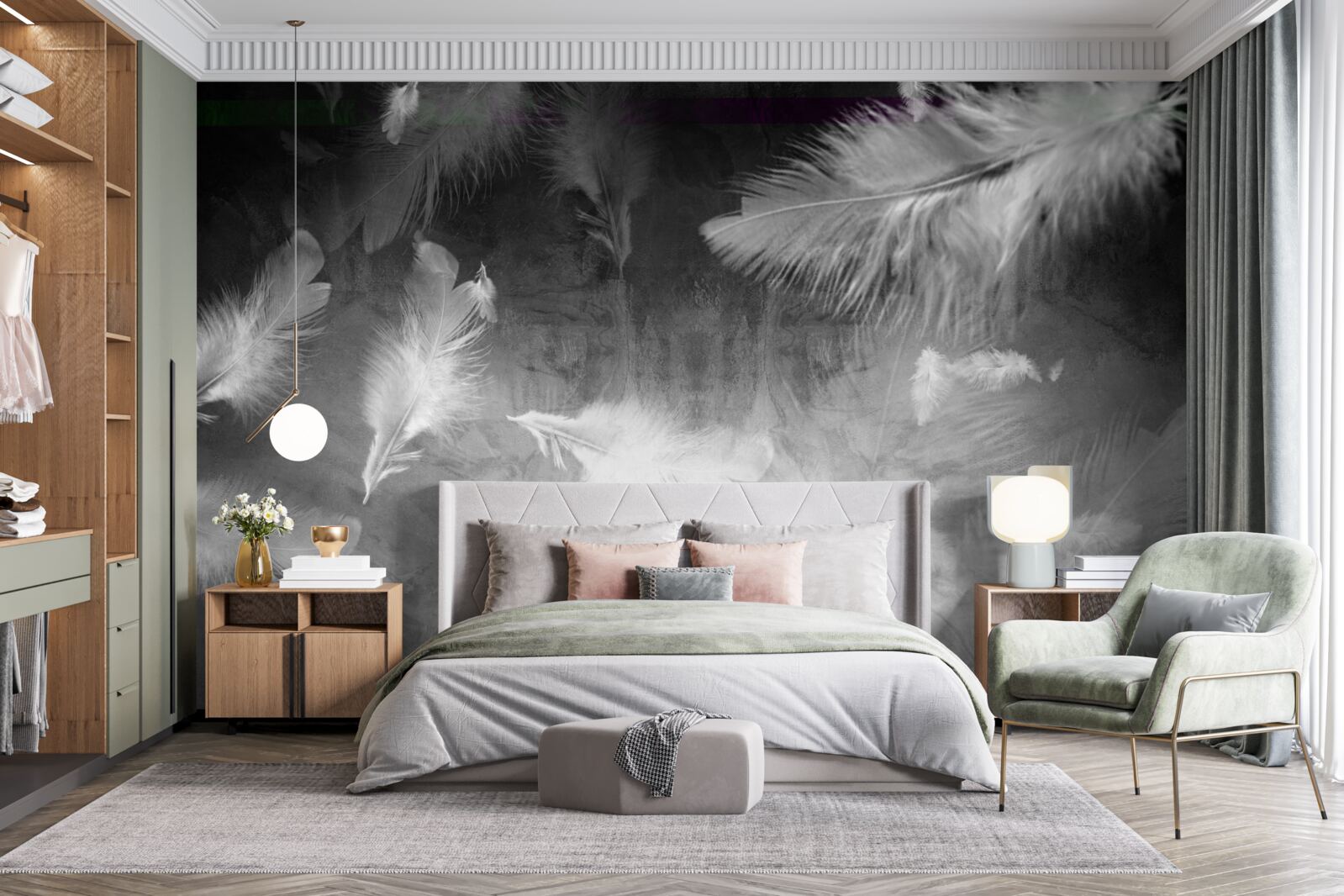 Fotobehang de grijze achtergrond is versierd met witte veren