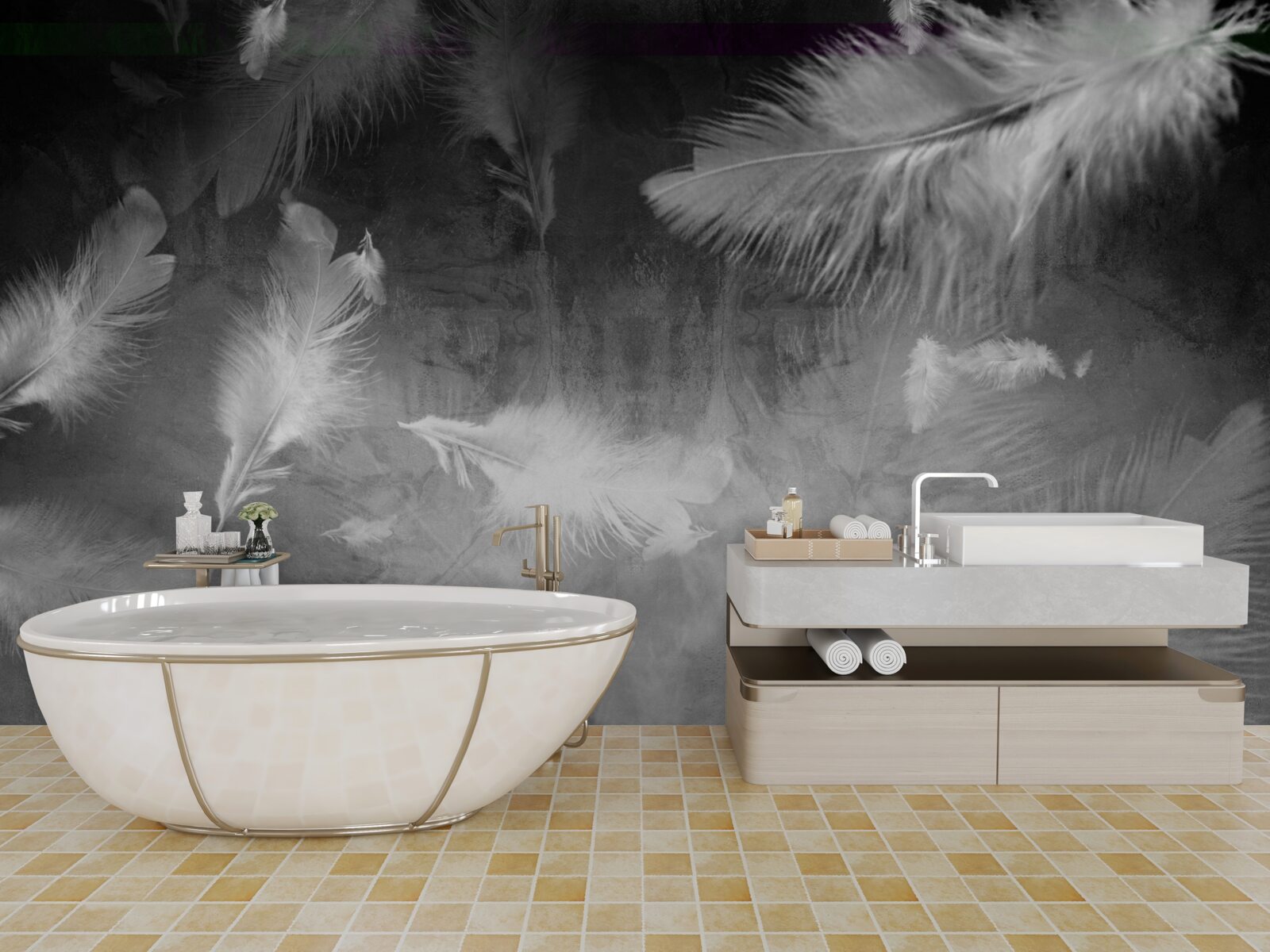 Fotobehang de grijze achtergrond is versierd met witte veren