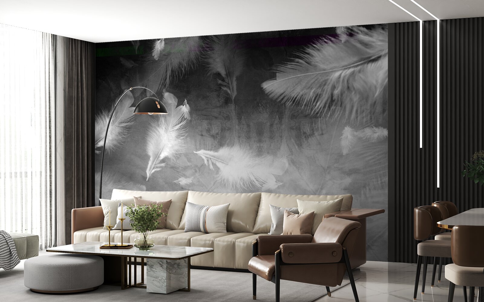 Fotobehang de grijze achtergrond is versierd met witte veren