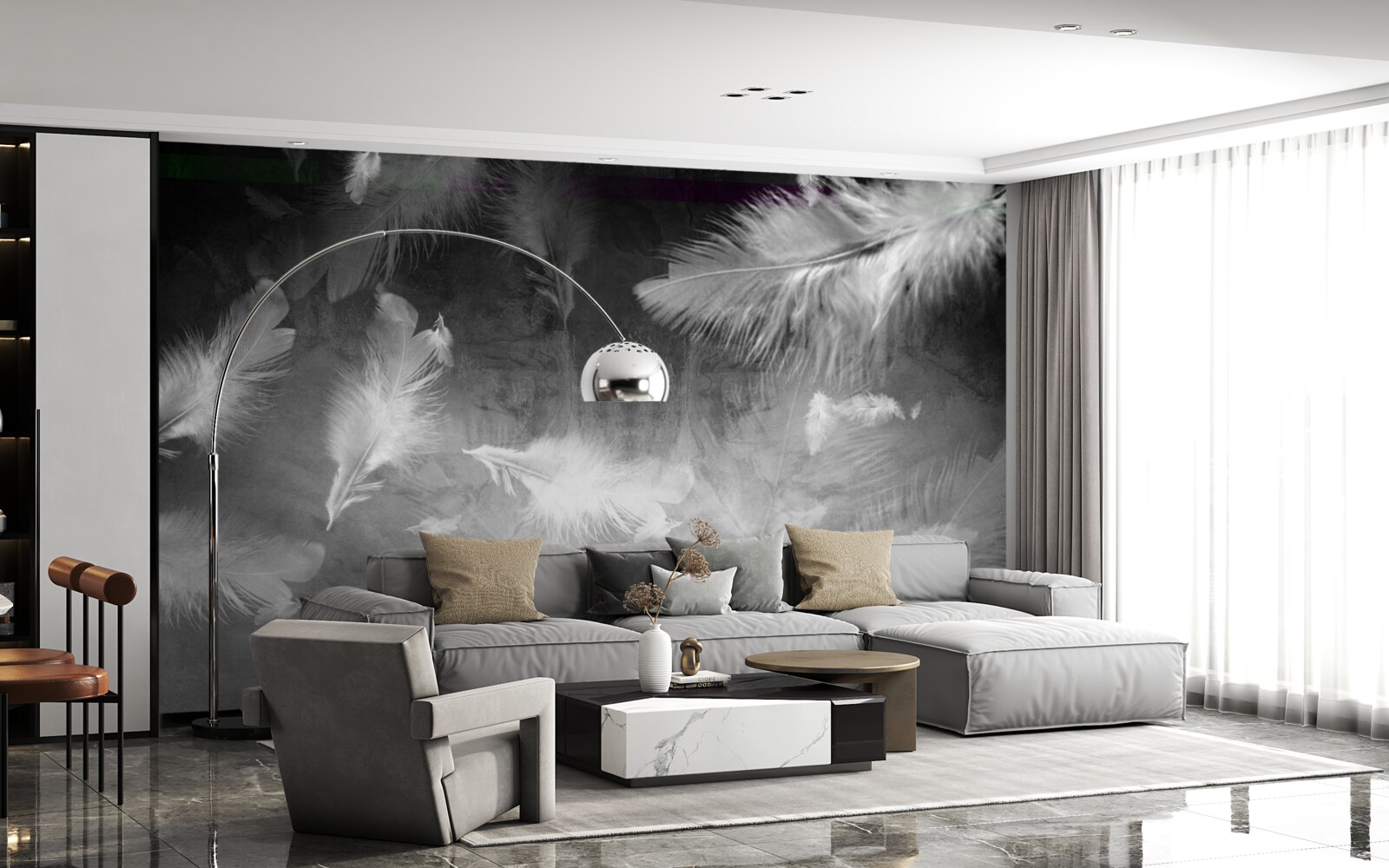 Fotobehang de grijze achtergrond is versierd met witte veren