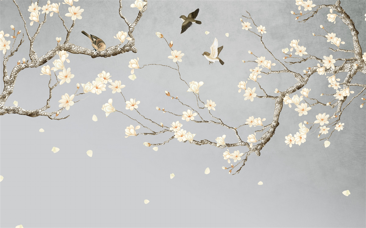 Fotobehang vogels cirkelen rond een bloeiende boom