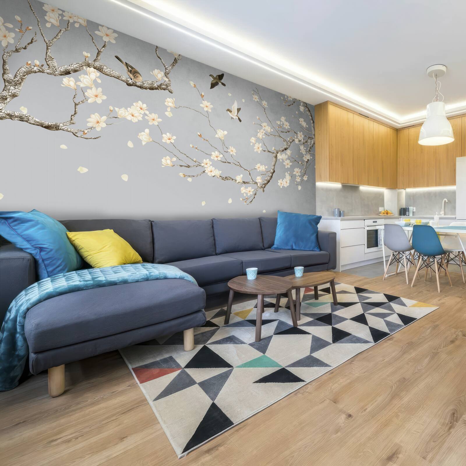 Fotobehang vogels cirkelen rond een bloeiende boom