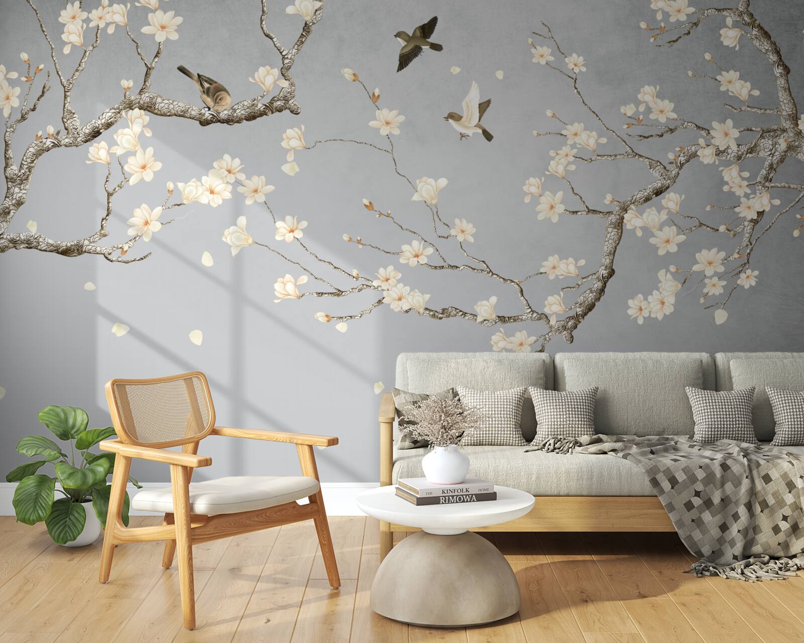 Fotobehang vogels cirkelen rond een bloeiende boom