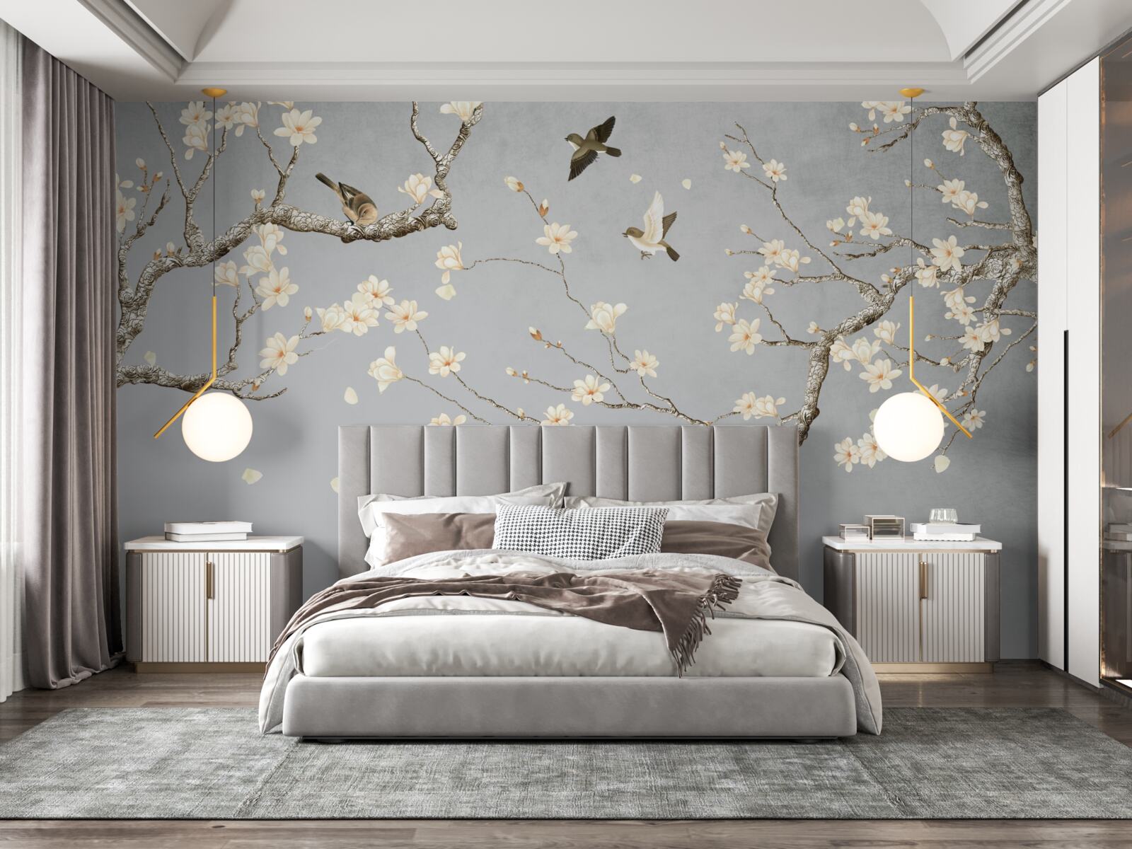 Fotobehang vogels cirkelen rond een bloeiende boom