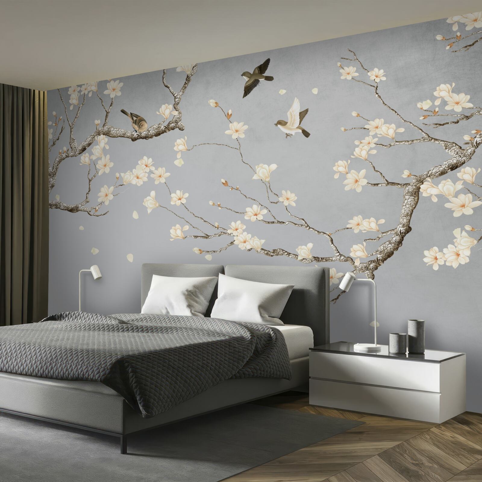 Fotobehang vogels cirkelen rond een bloeiende boom