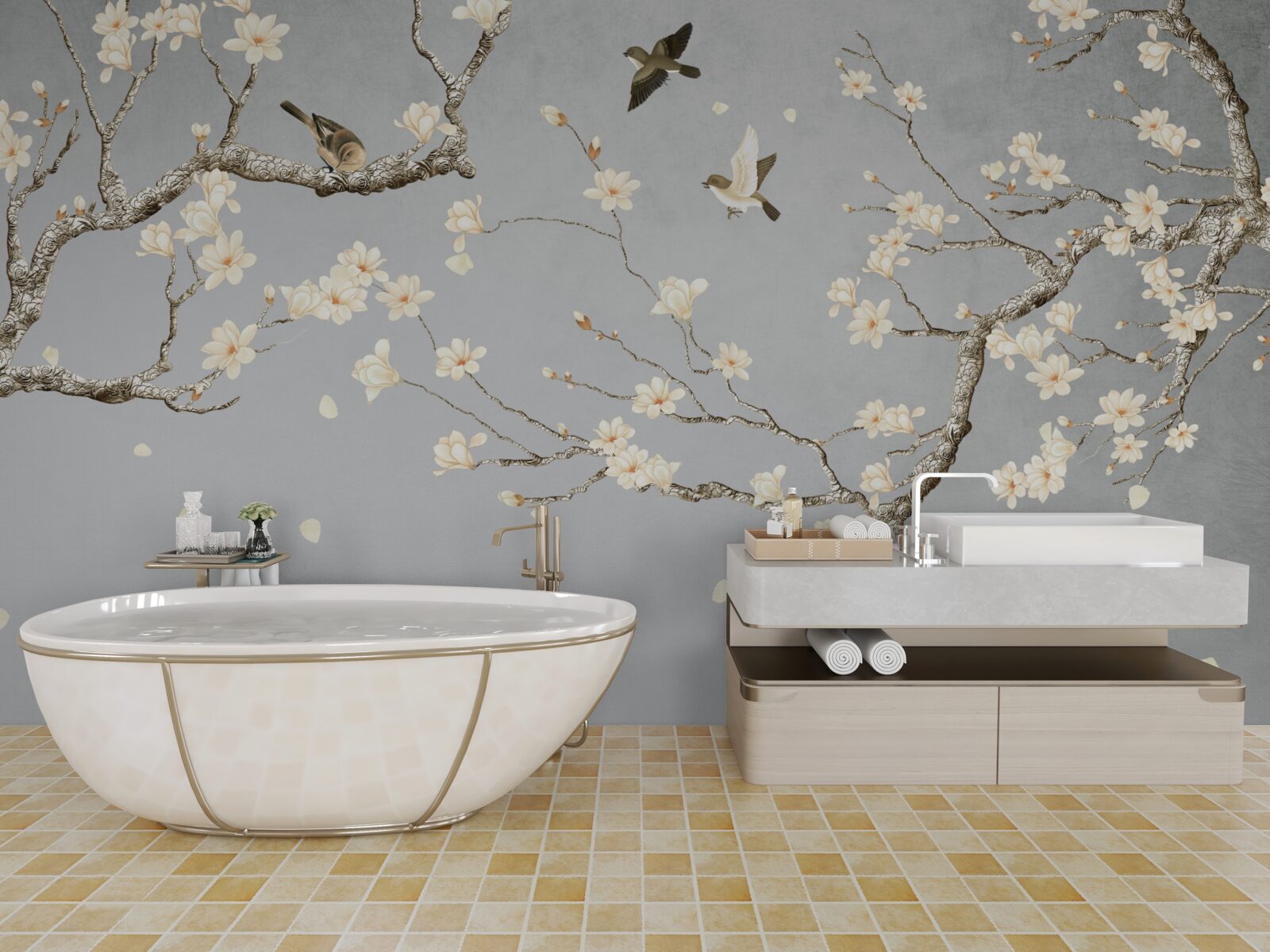 Fotobehang vogels cirkelen rond een bloeiende boom