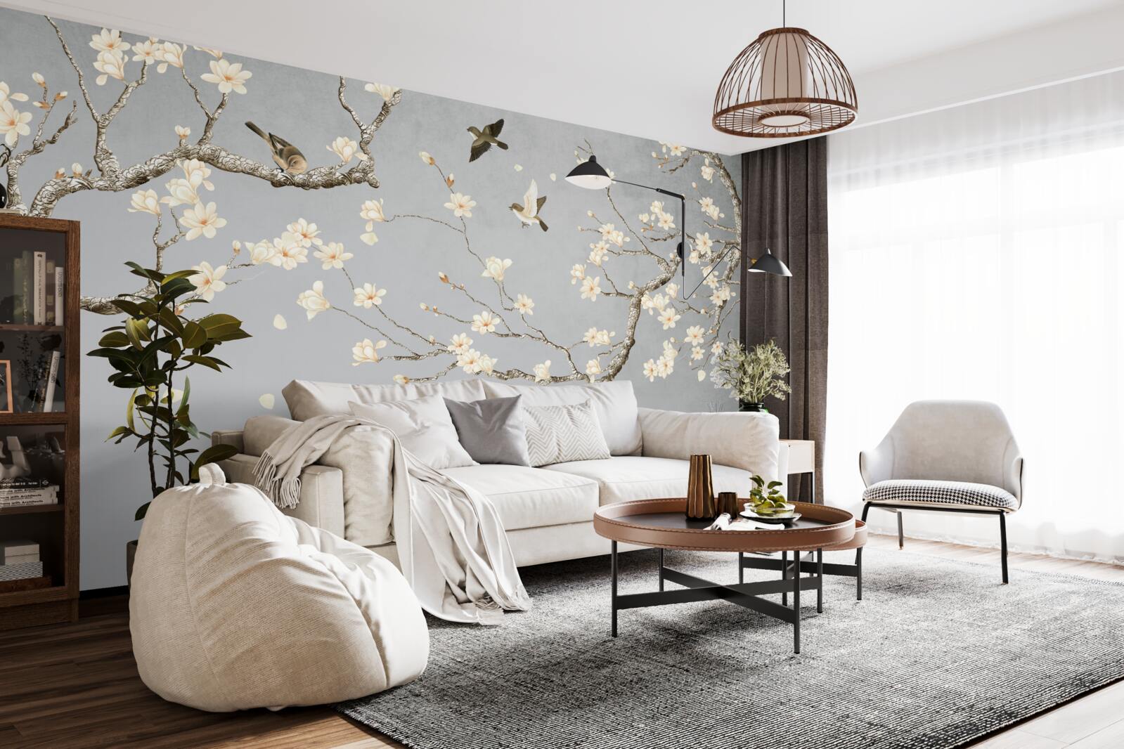 Fotobehang vogels cirkelen rond een bloeiende boom