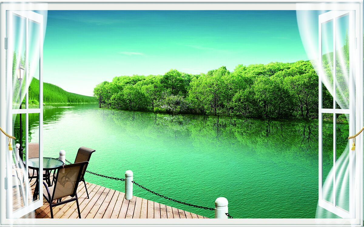 Fotobehang patio bij de groenachtige vijver