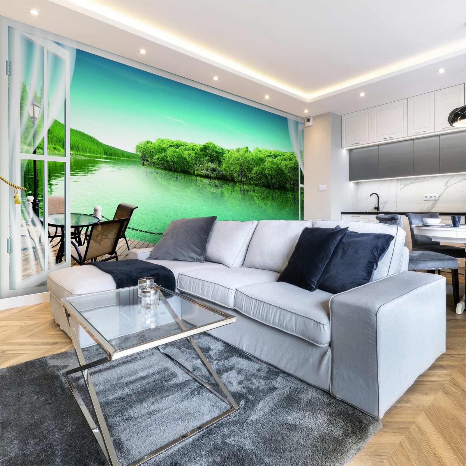 Fotobehang patio bij de groenachtige vijver