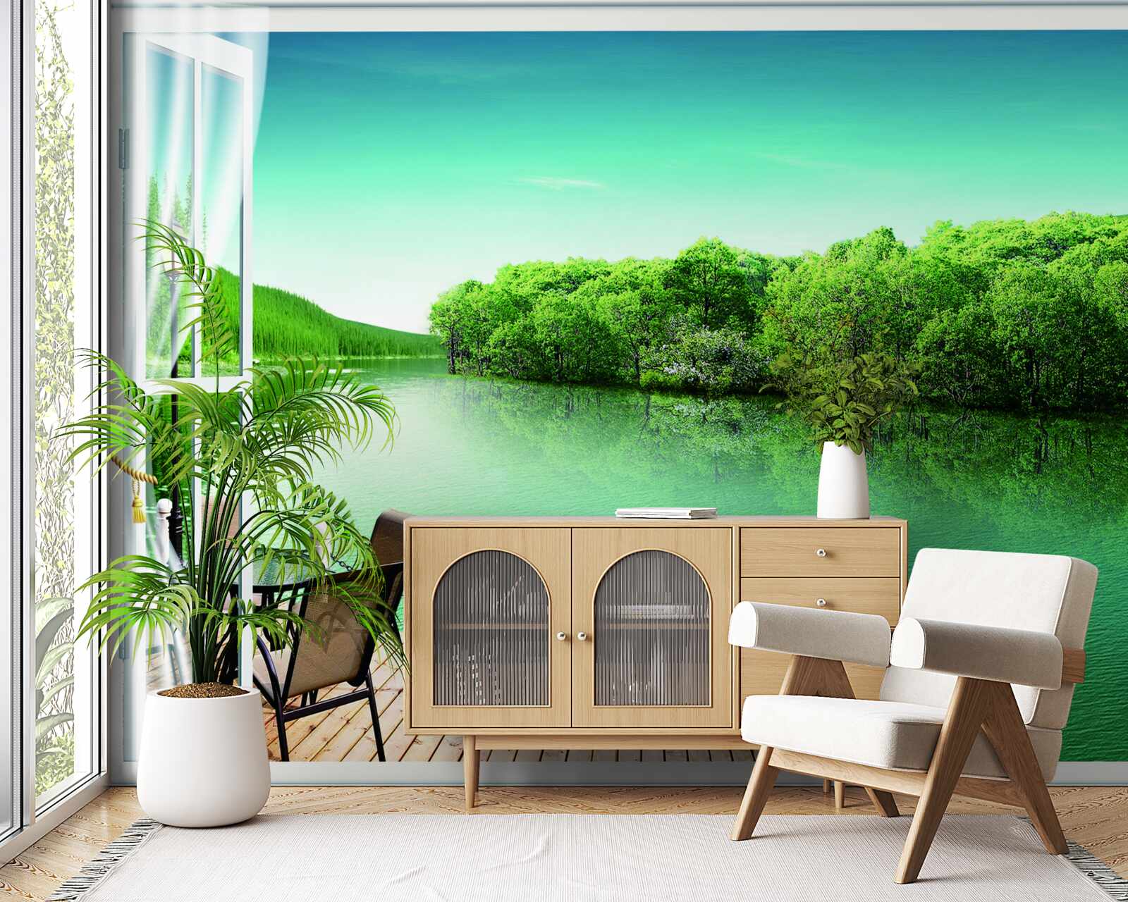 Fotobehang patio bij de groenachtige vijver