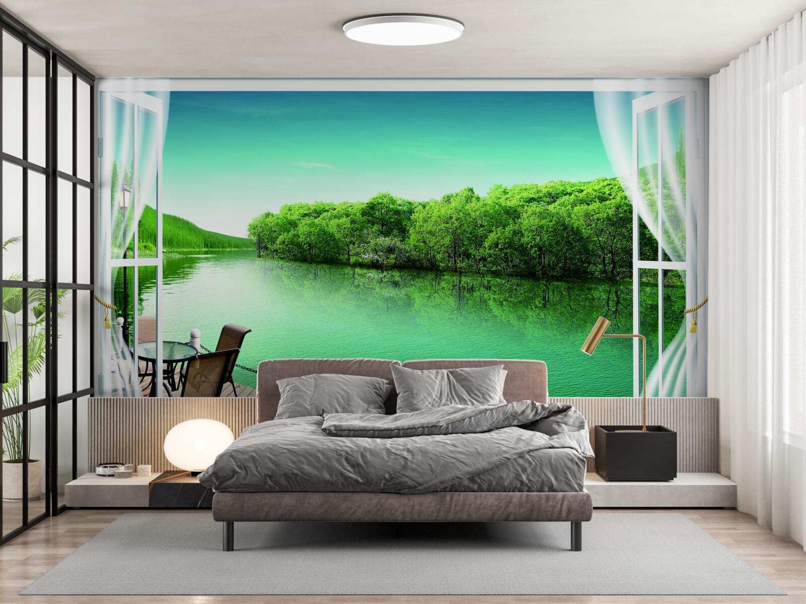 Fotobehang patio bij de groenachtige vijver