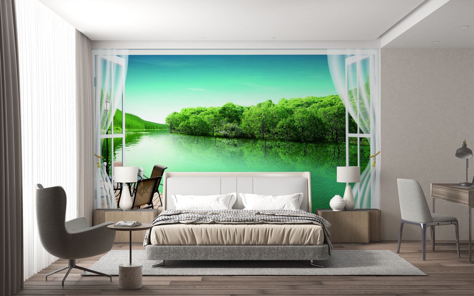 Fotobehang patio bij de groenachtige vijver