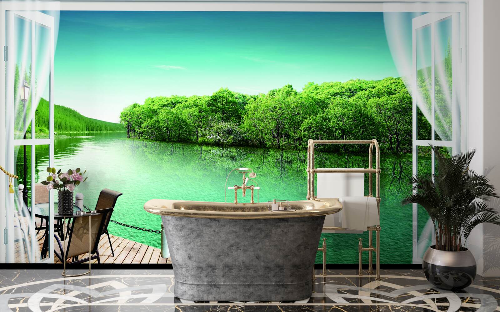 Fotobehang patio bij de groenachtige vijver