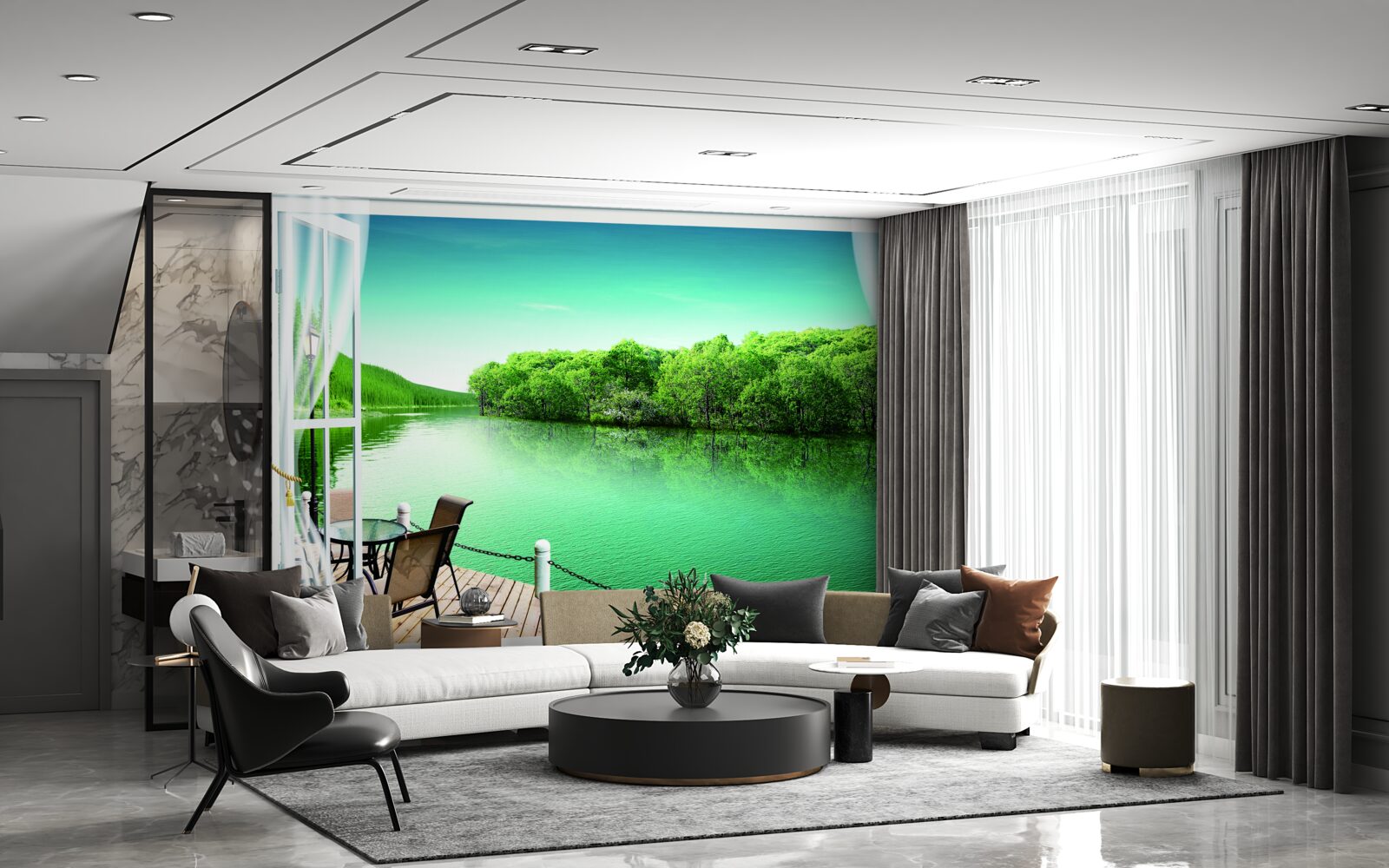 Fotobehang patio bij de groenachtige vijver