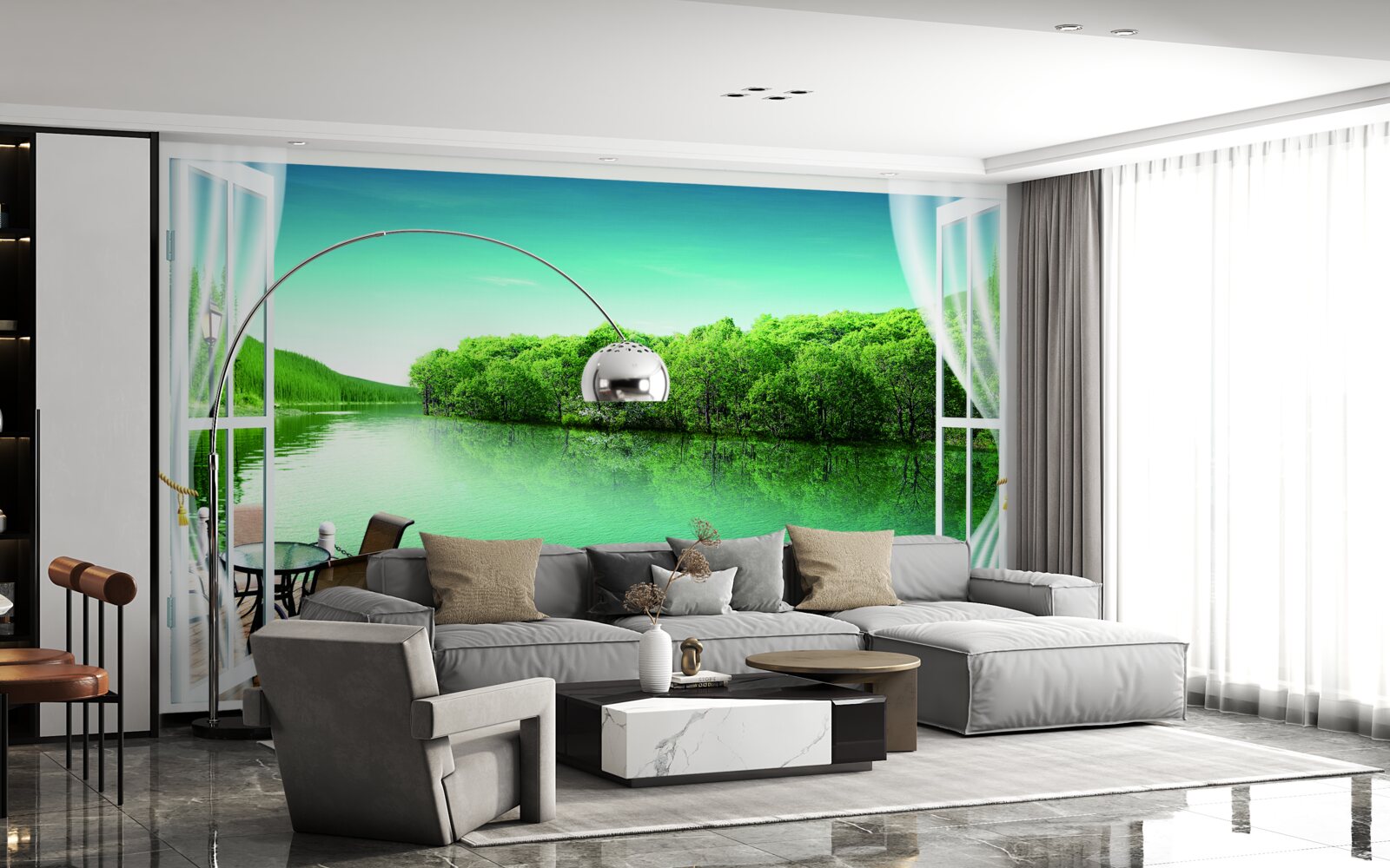 Fotobehang patio bij de groenachtige vijver