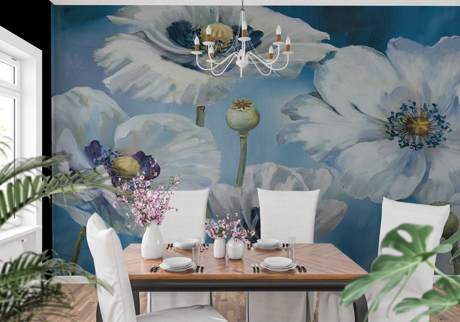 Fotobehang grote witte klaprozen