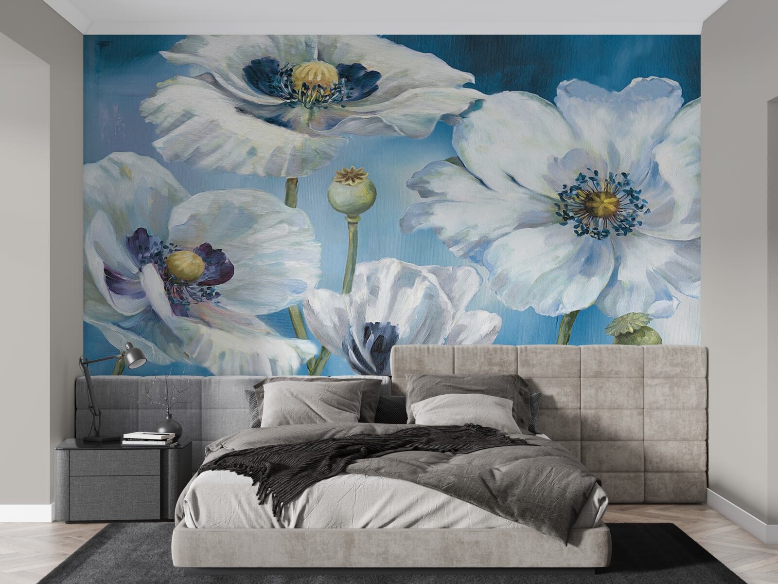 Fotobehang grote witte klaprozen