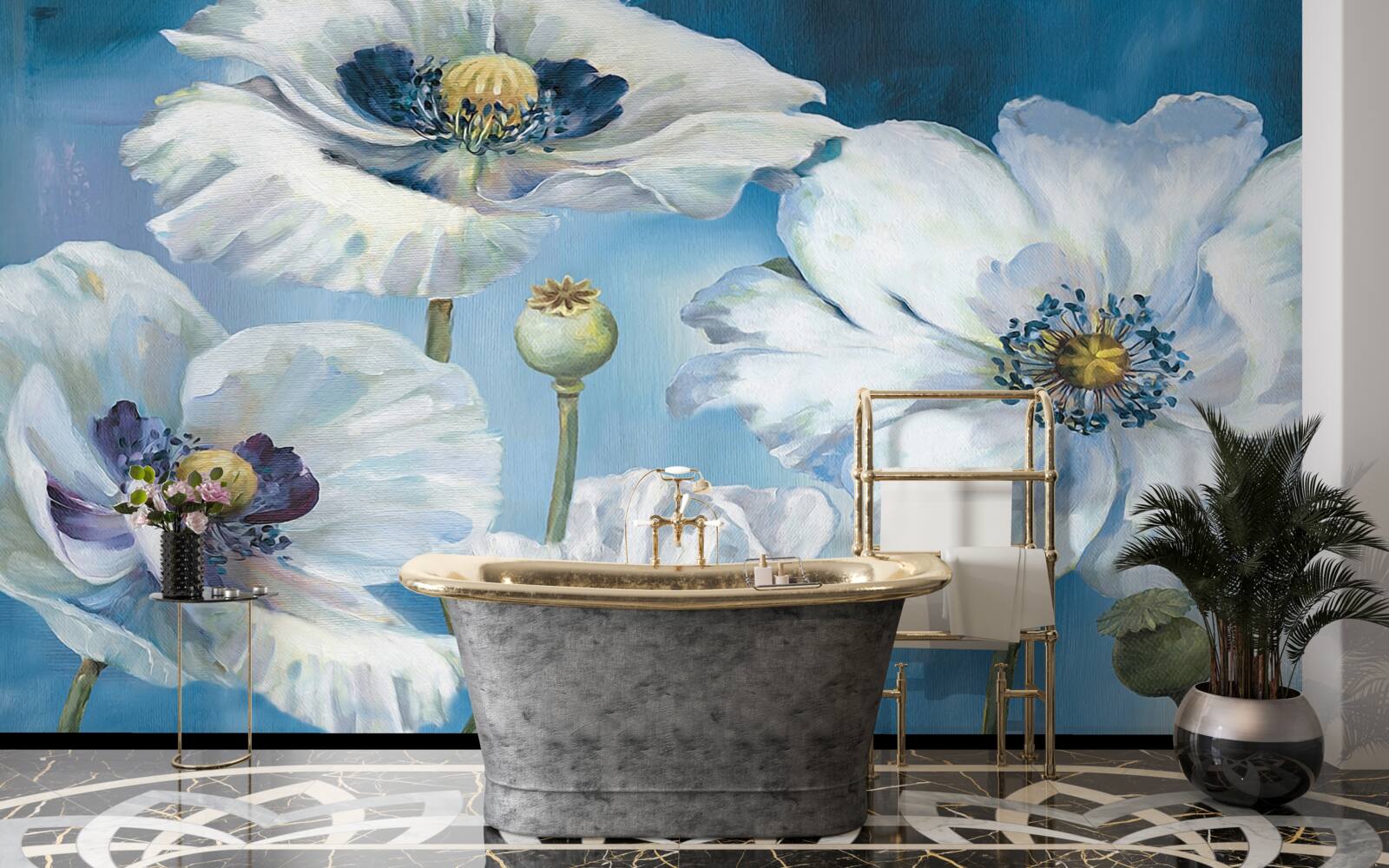 Fotobehang grote witte klaprozen