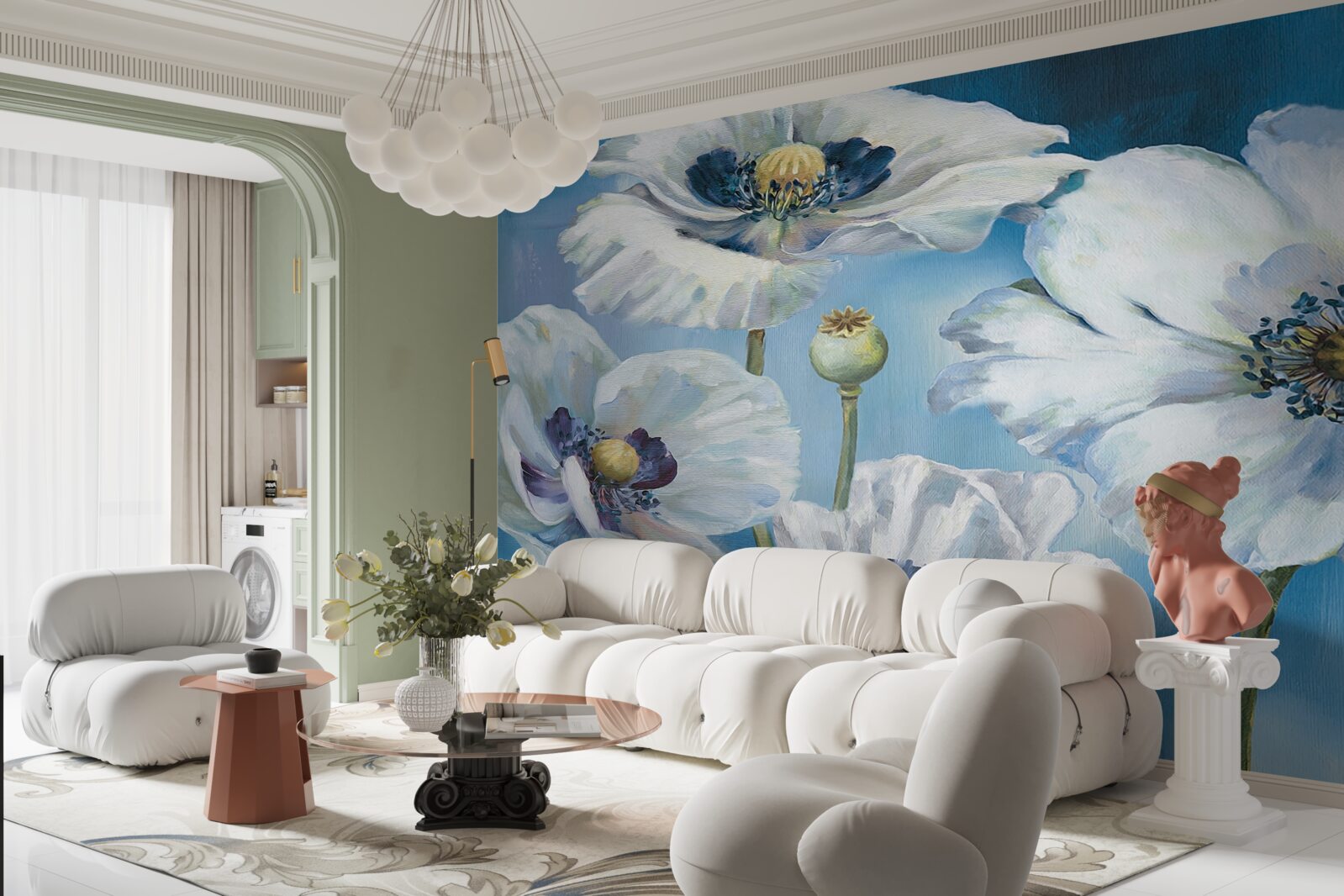 Fotobehang grote witte klaprozen