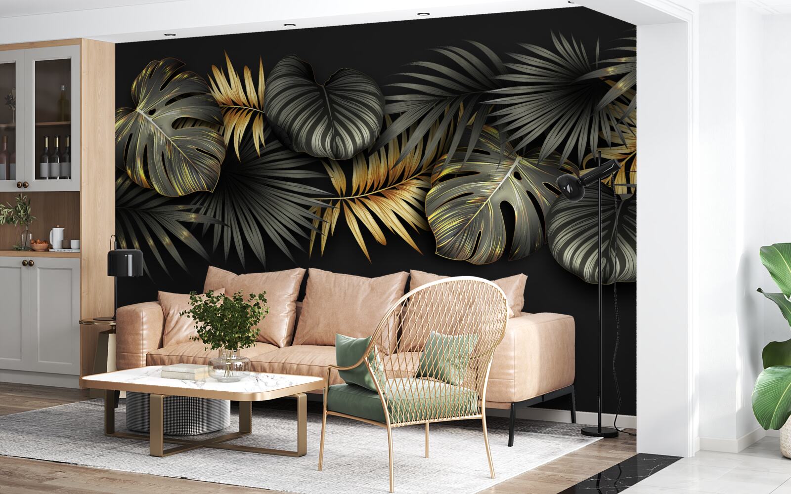 Fotobehang bladgoud op zwarte achtergrond