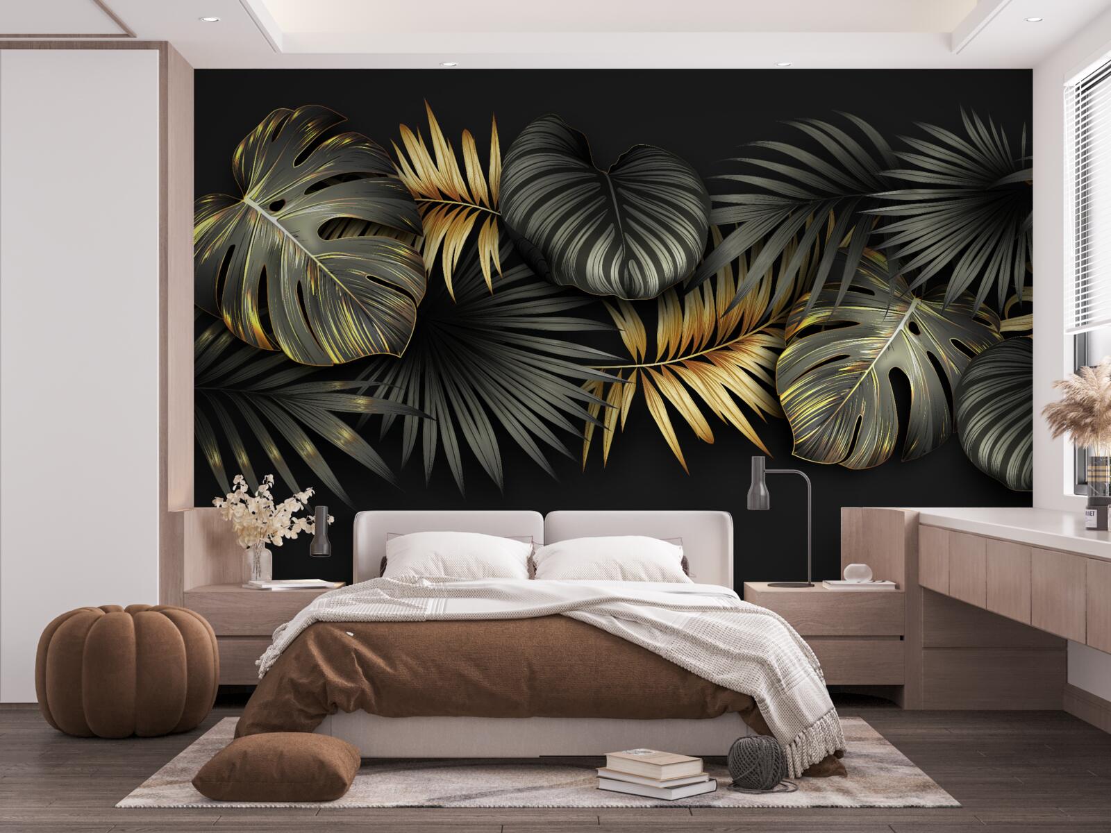 Fotobehang bladgoud op zwarte achtergrond