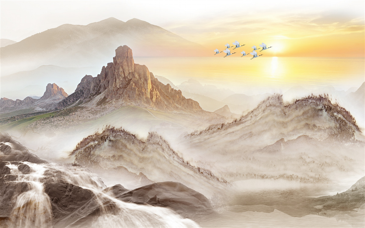 Fotobehang zonsondergang onder de bergen door met de kraanvogels