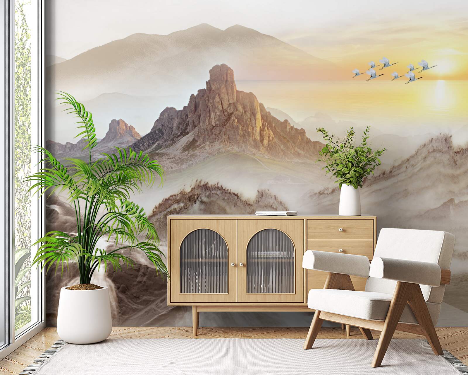 Fotobehang zonsondergang onder de bergen door met de kraanvogels