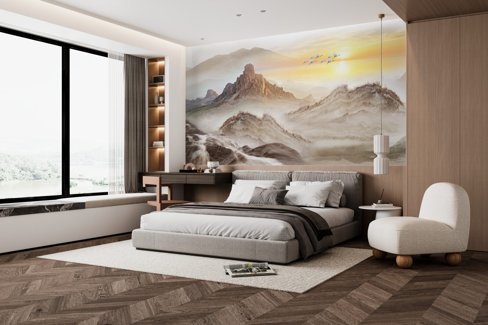 Fotobehang zonsondergang onder de bergen door met de kraanvogels