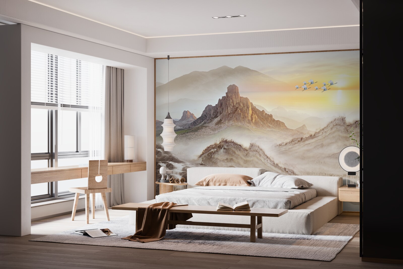 Fotobehang zonsondergang onder de bergen door met de kraanvogels