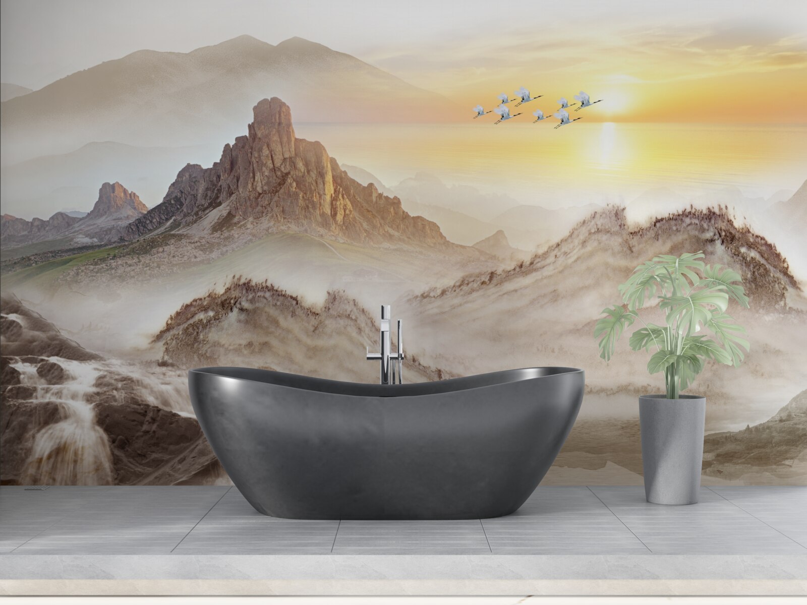 Fotobehang zonsondergang onder de bergen door met de kraanvogels