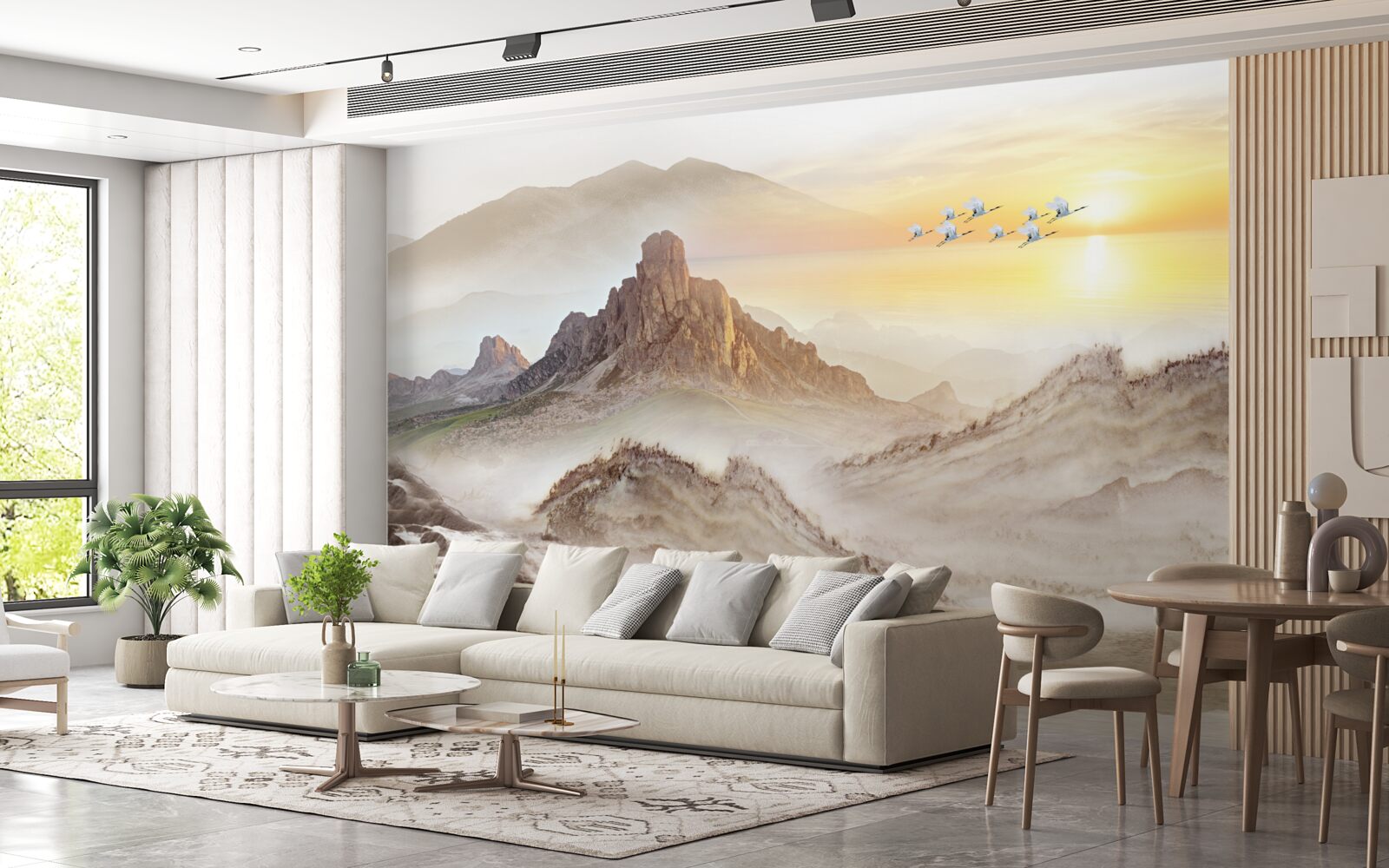 Fotobehang zonsondergang onder de bergen door met de kraanvogels