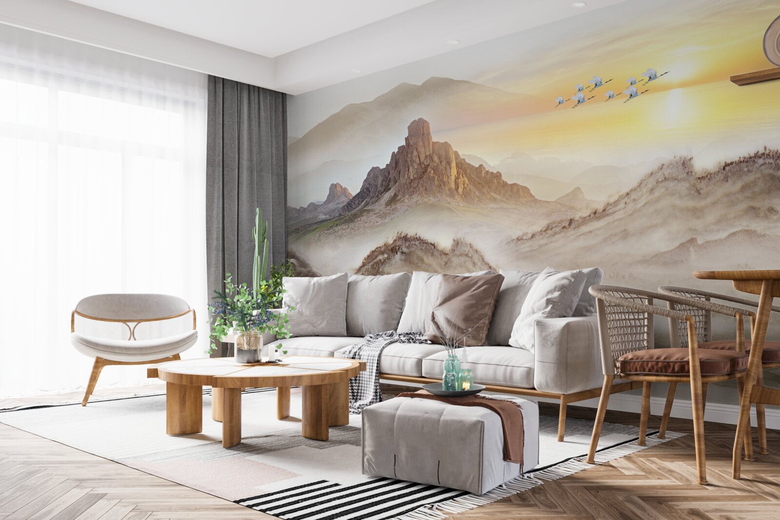 Fotobehang zonsondergang onder de bergen door met de kraanvogels