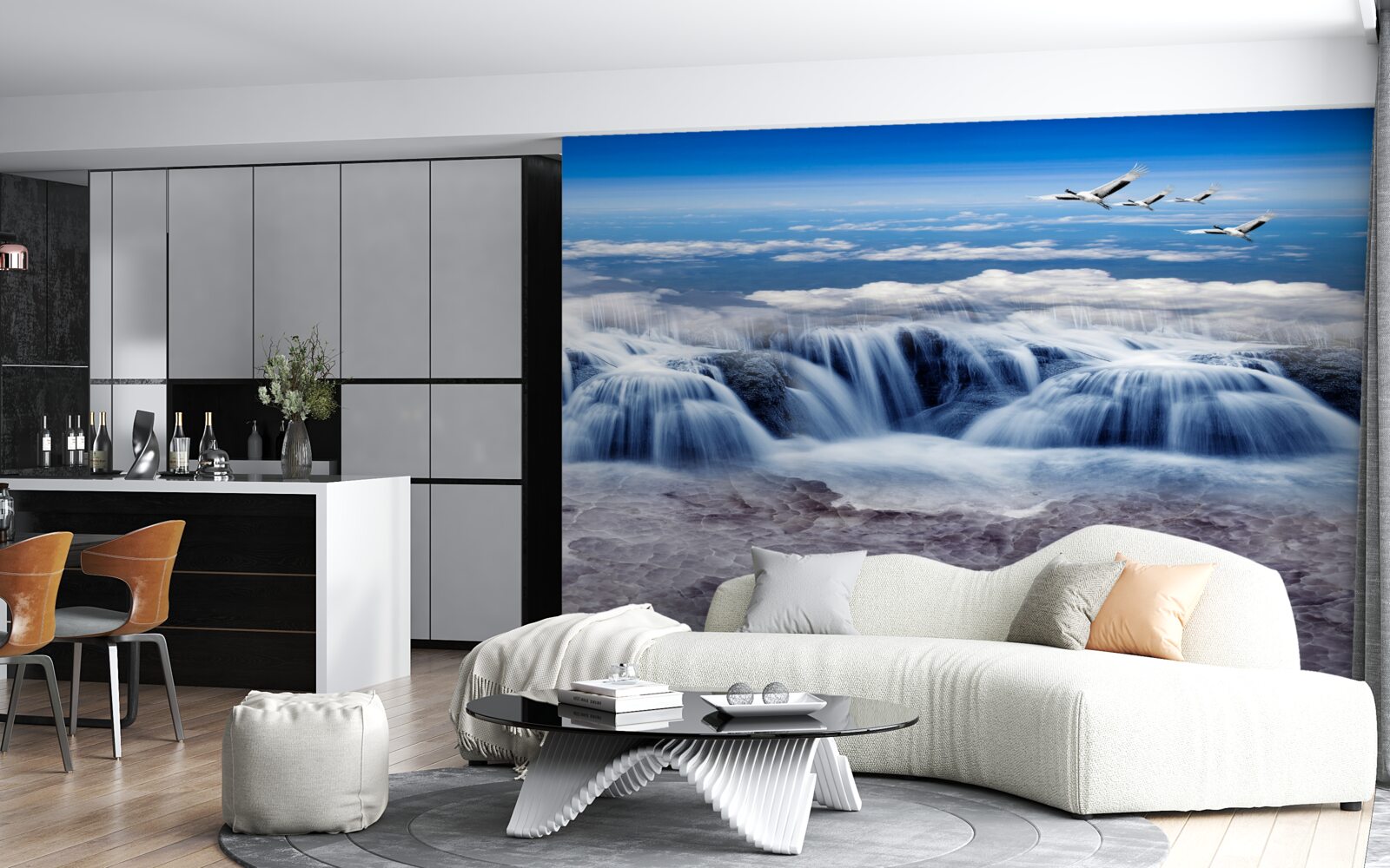 Fotobehang een waterval waar vogels overheen glijden