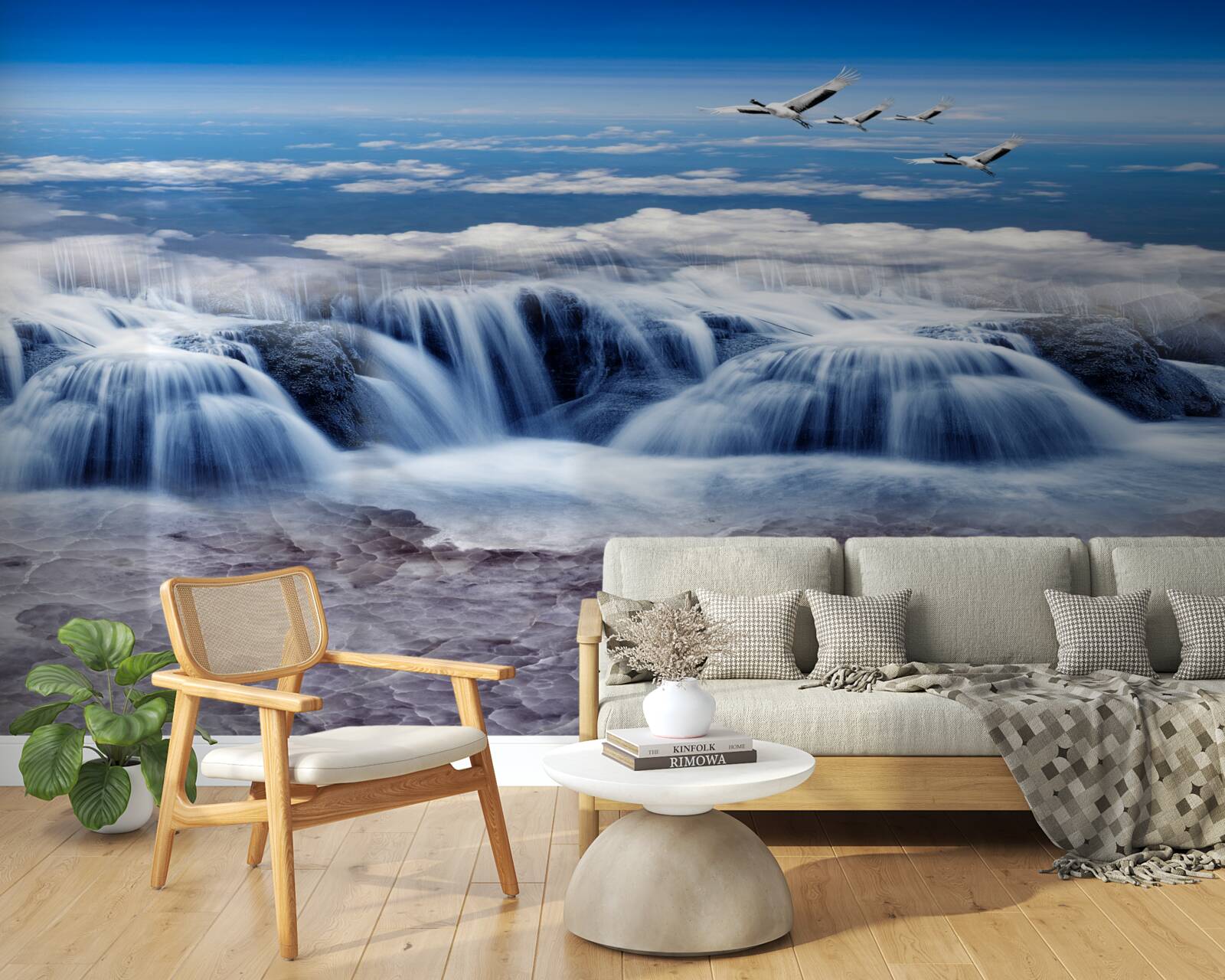 Fotobehang een waterval waar vogels overheen glijden