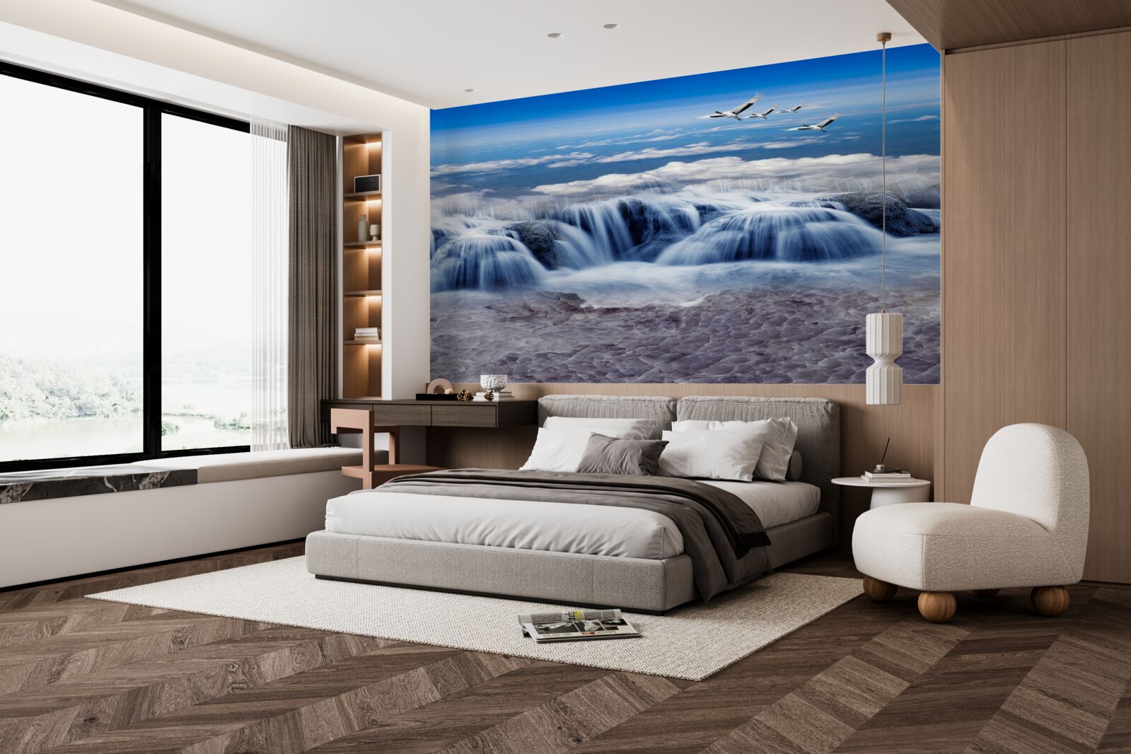 Fotobehang een waterval waar vogels overheen glijden