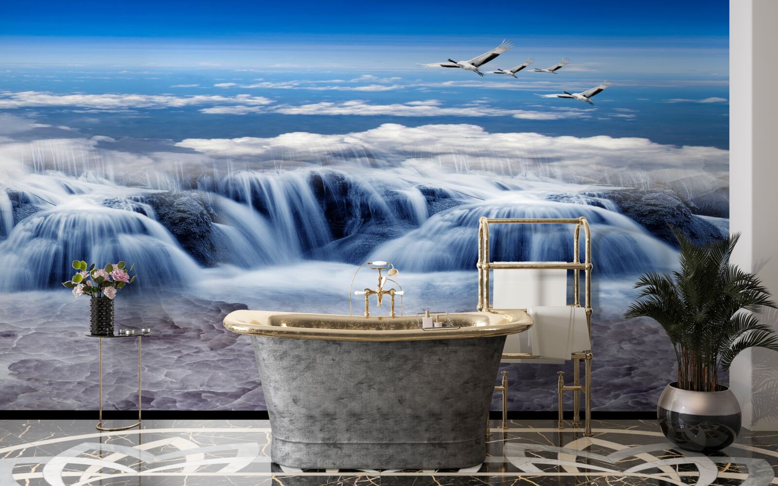 Fotobehang een waterval waar vogels overheen glijden