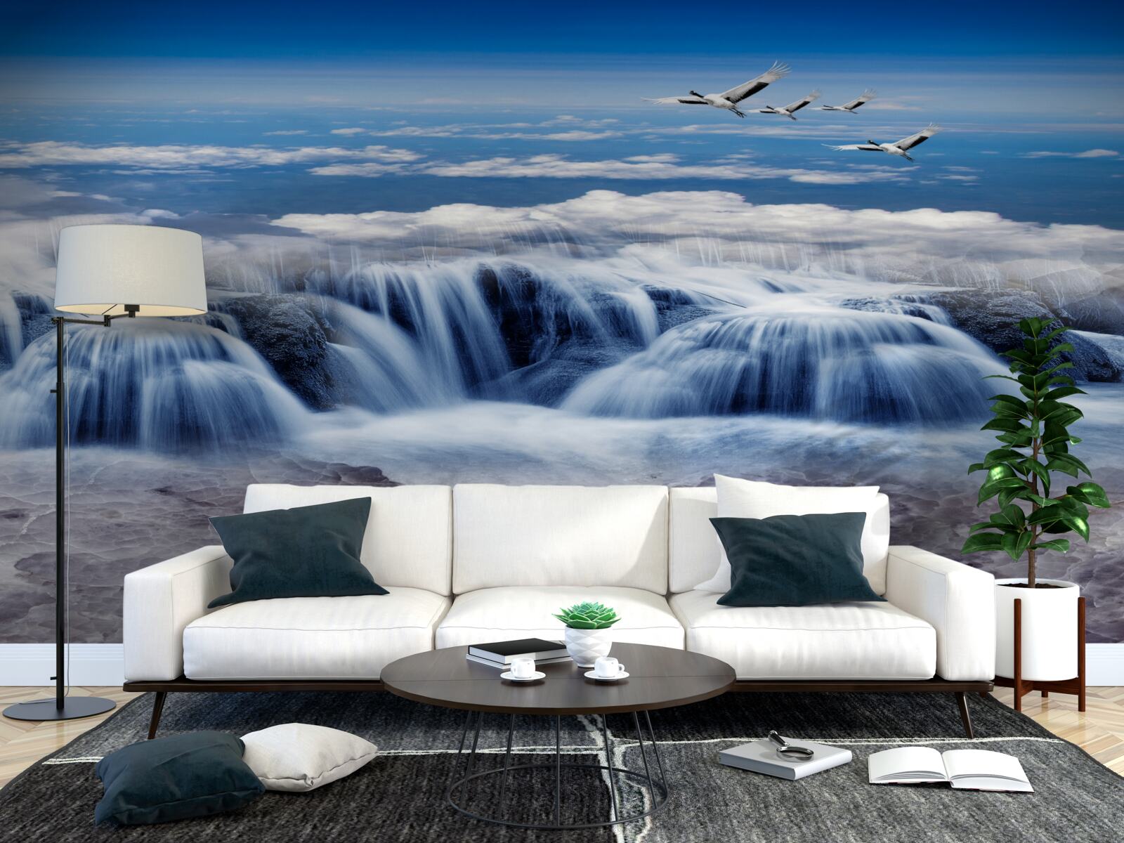 Fotobehang een waterval waar vogels overheen glijden