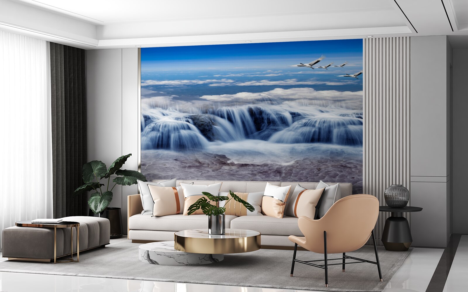 Fotobehang een waterval waar vogels overheen glijden