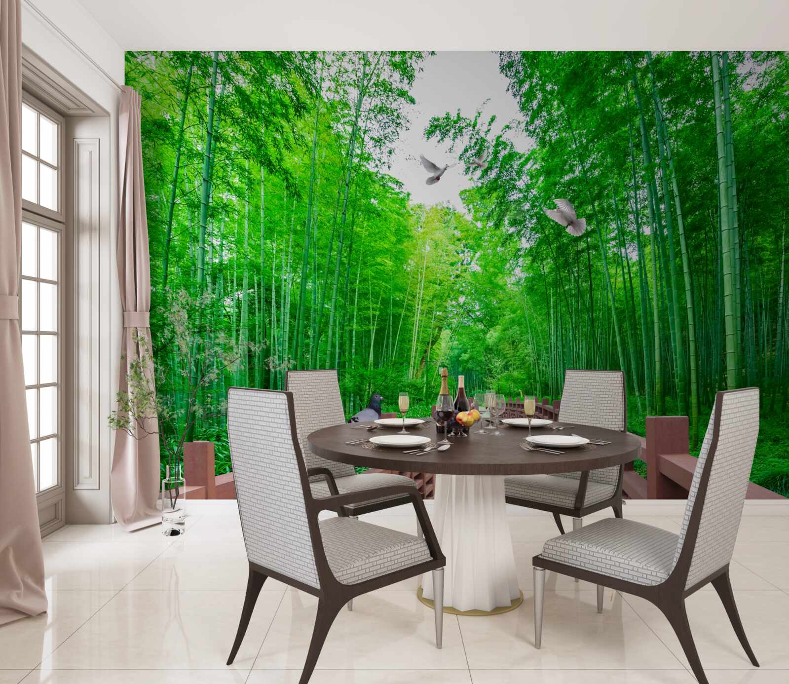 Fotobehang Pad door een groen bamboebos