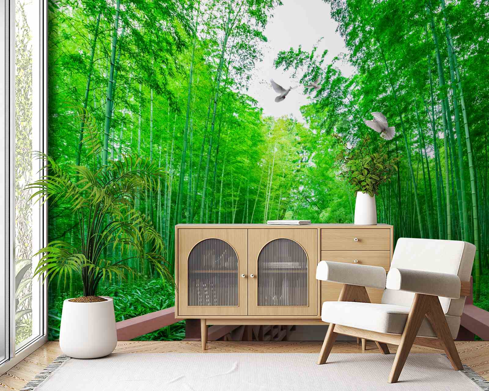 Fotobehang Pad door een groen bamboebos