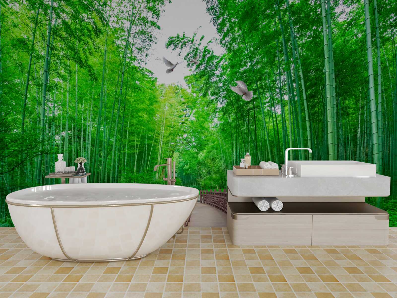 Fotobehang Pad door een groen bamboebos