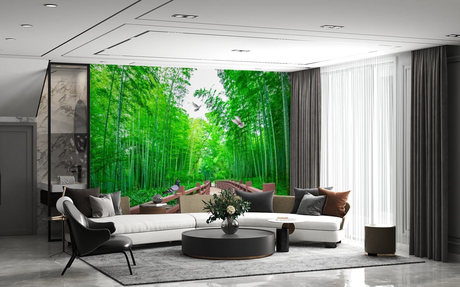 Fotobehang Pad door een groen bamboebos