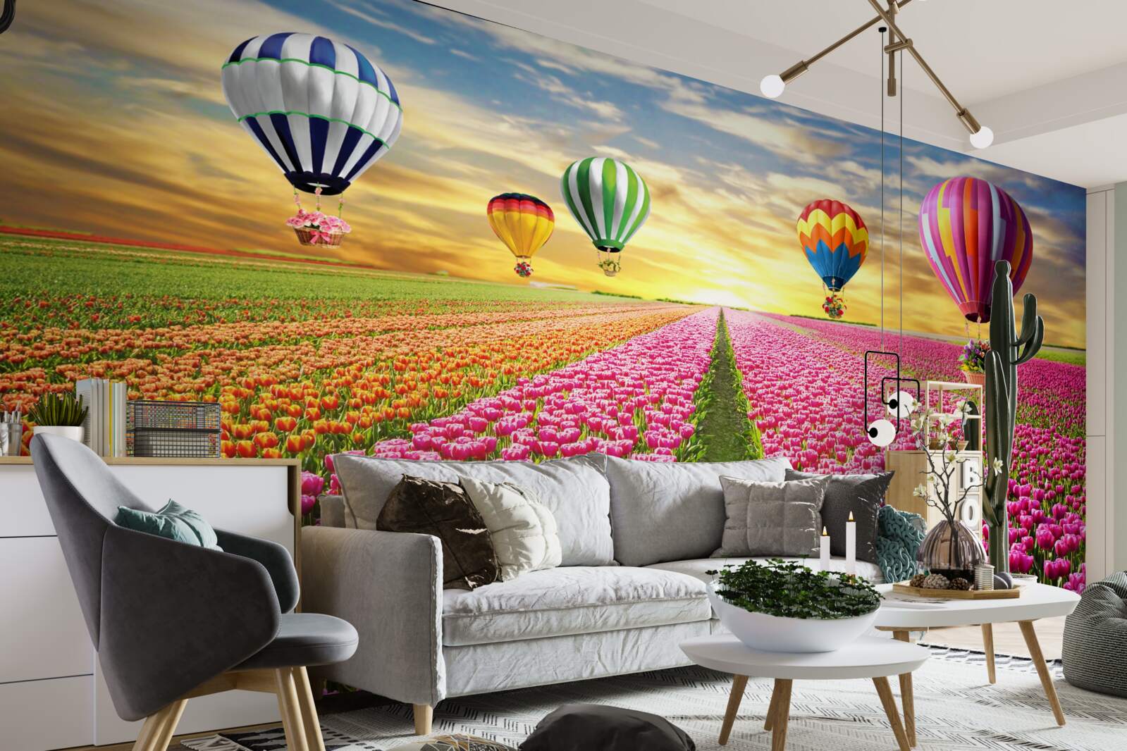 Fotobehang ballen die opstijgen boven een tulpenveld