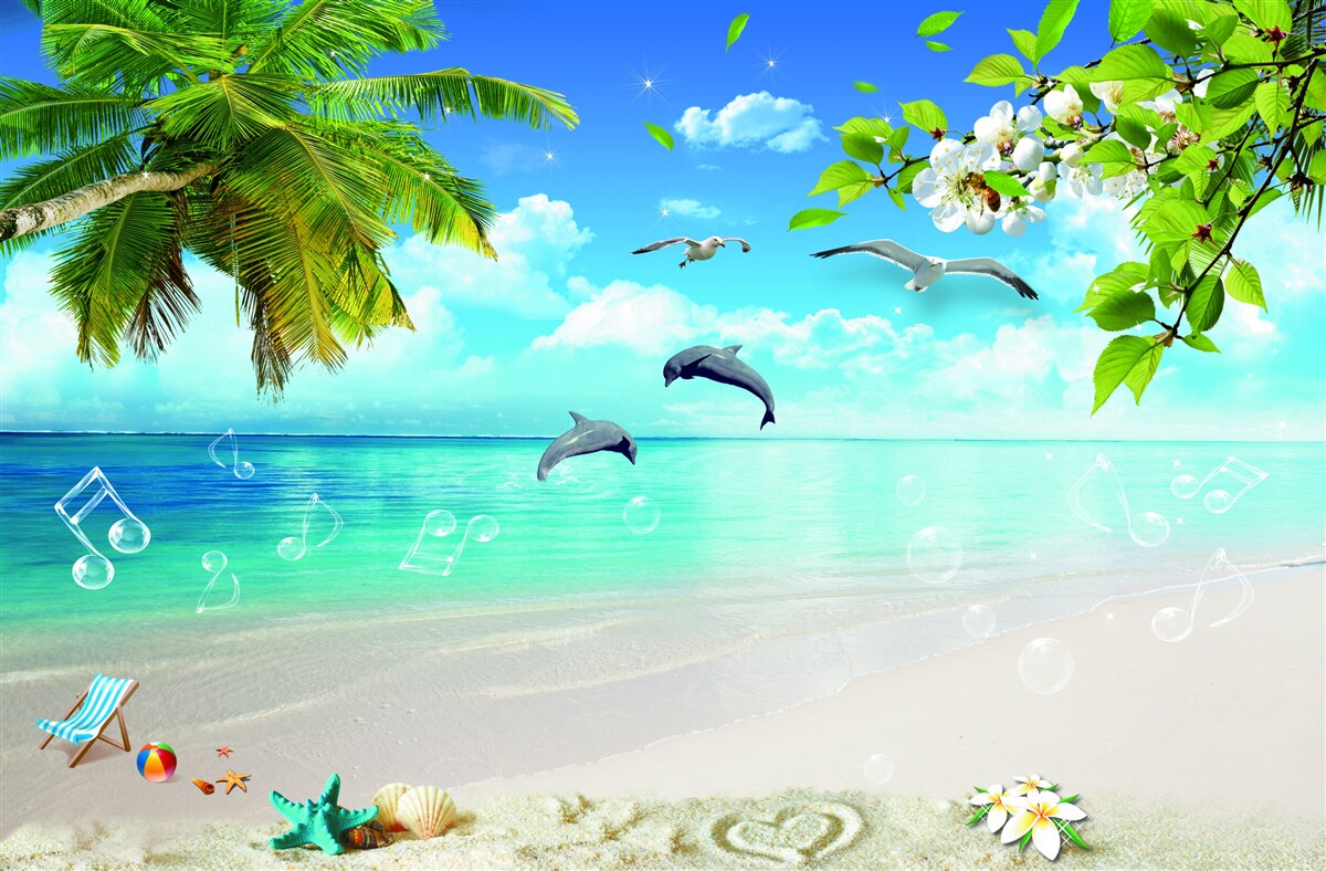 Fotobehang meeuwen en dolfijnen aan de oceaan