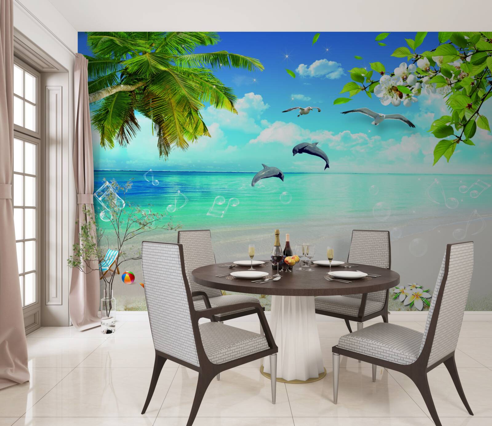 Fotobehang meeuwen en dolfijnen aan de oceaan