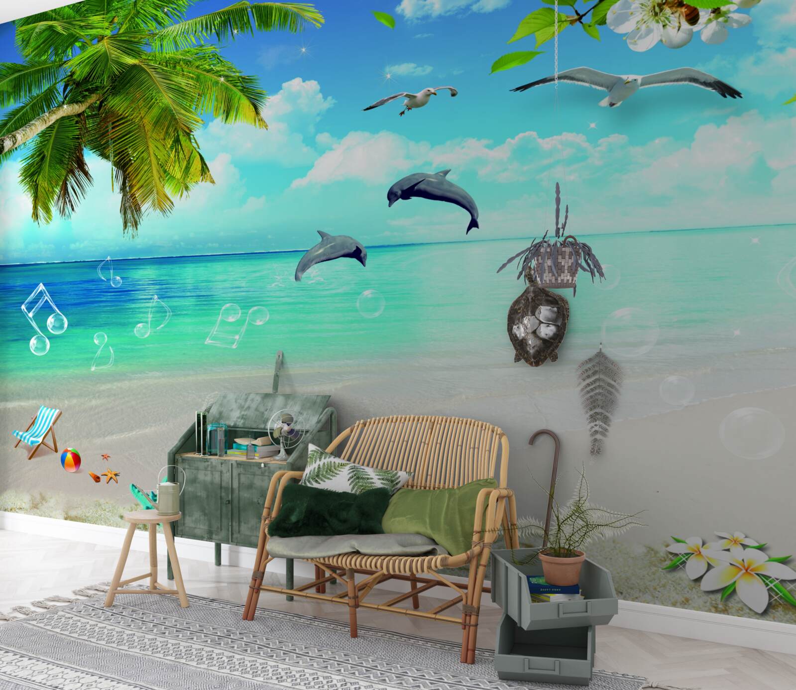 Fotobehang meeuwen en dolfijnen aan de oceaan