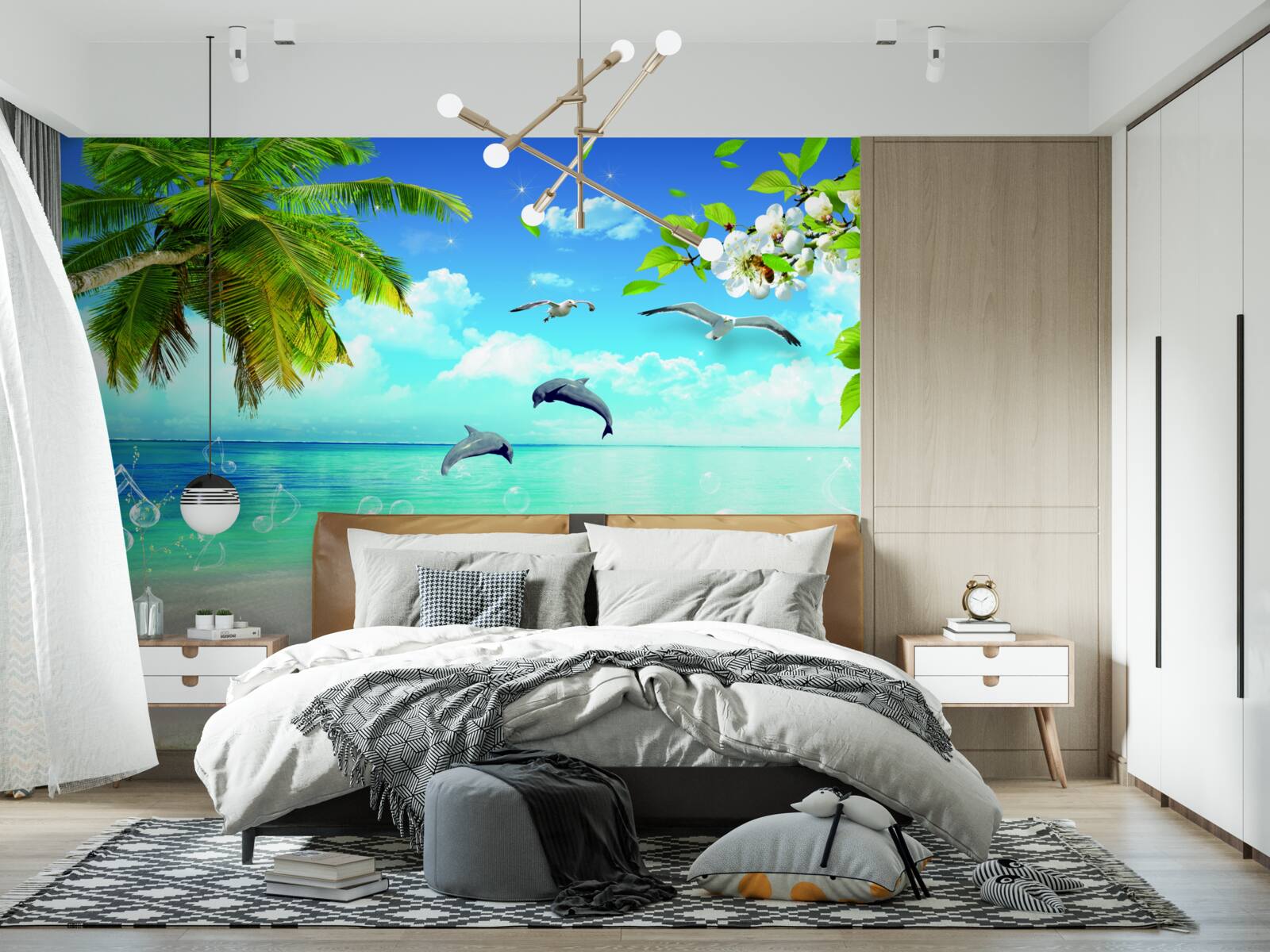 Fotobehang meeuwen en dolfijnen aan de oceaan