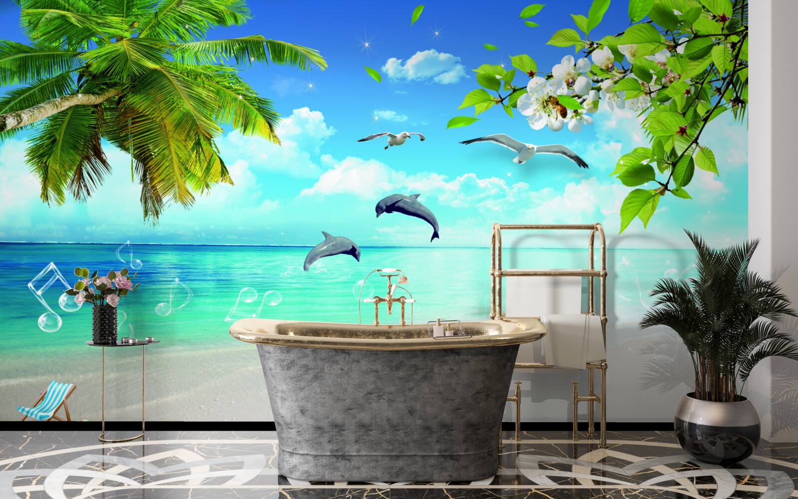 Fotobehang meeuwen en dolfijnen aan de oceaan
