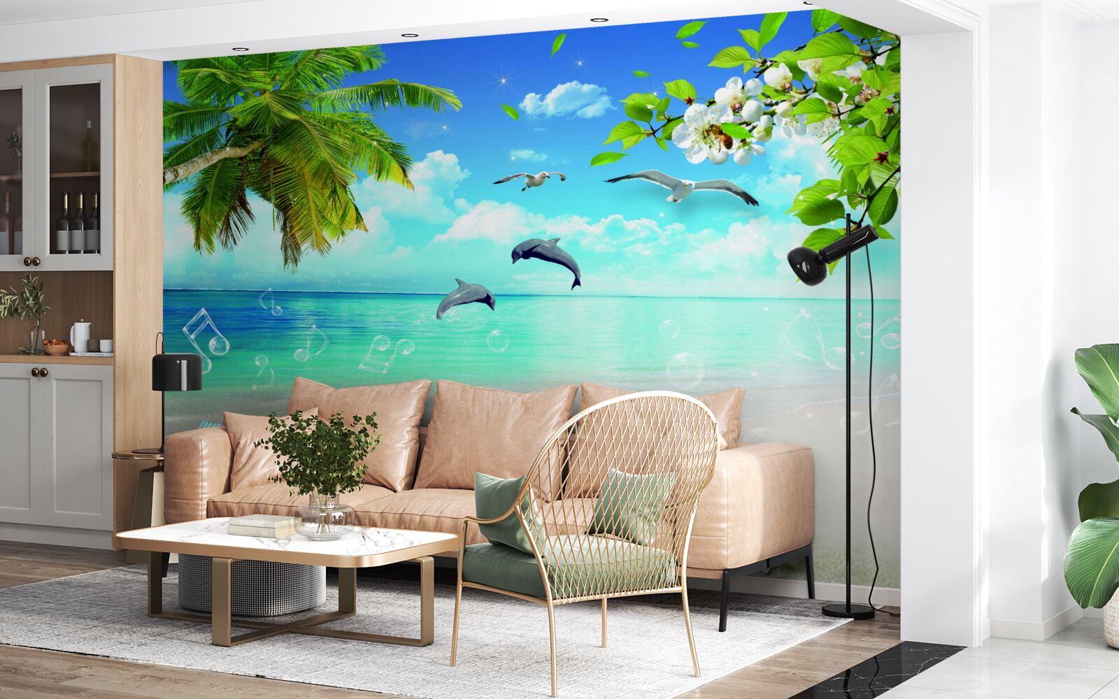 Fotobehang meeuwen en dolfijnen aan de oceaan