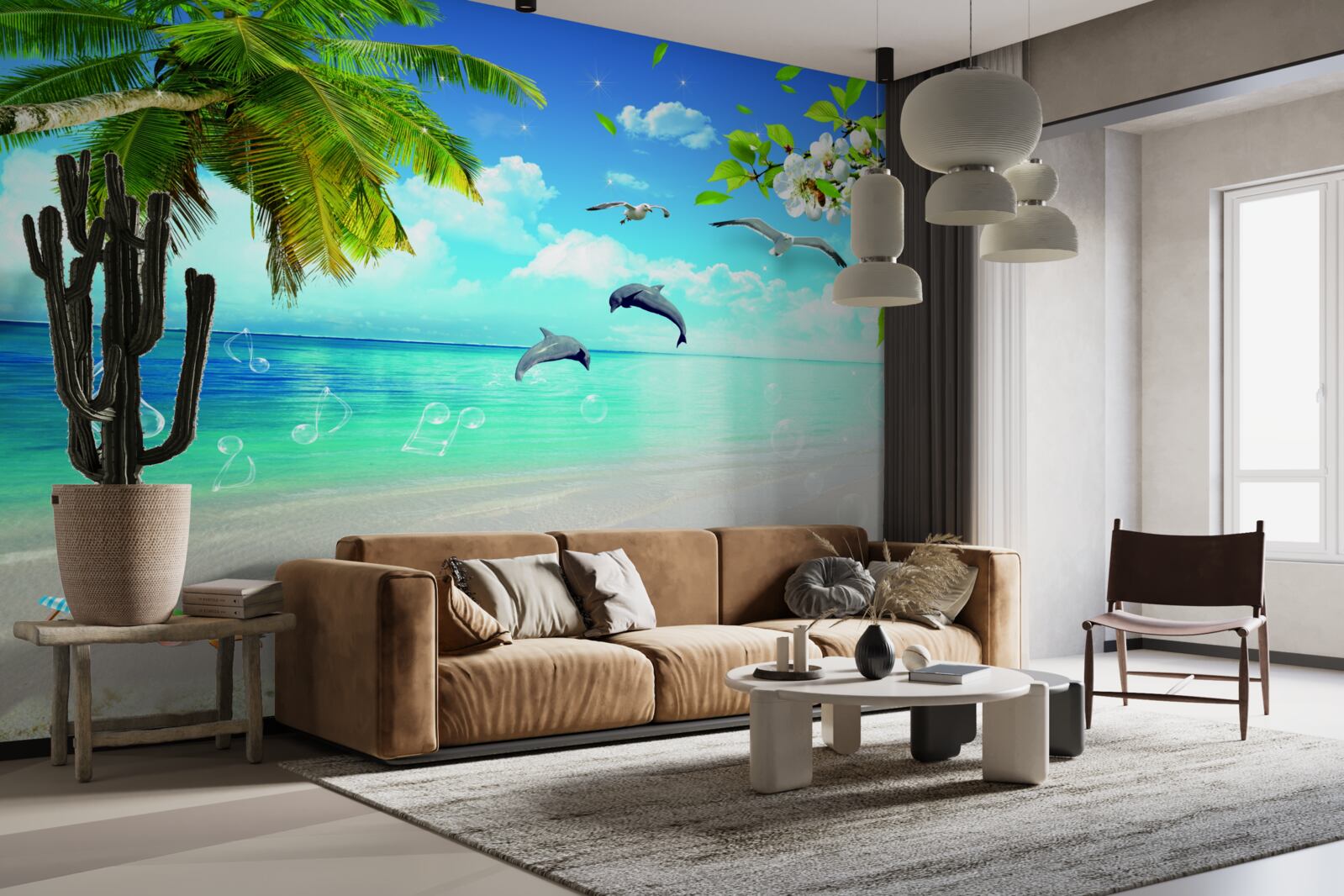 Fotobehang meeuwen en dolfijnen aan de oceaan